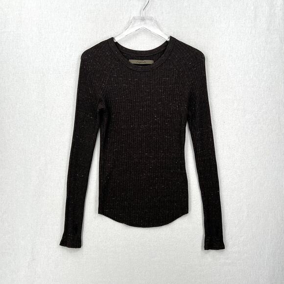 ENZA COSTA Long Sleeve Baseball Crew Neck Top Small Dark Brown Speckle Tee NEW - Picture 1 of 14